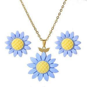 Stainless Steel Gold Colored Chain & Earrings with Blue Colored Sunflowers